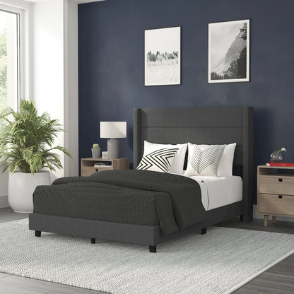 Full Upholstered Platform Bed with Wingback Headboard, Charcoal Faux Linen