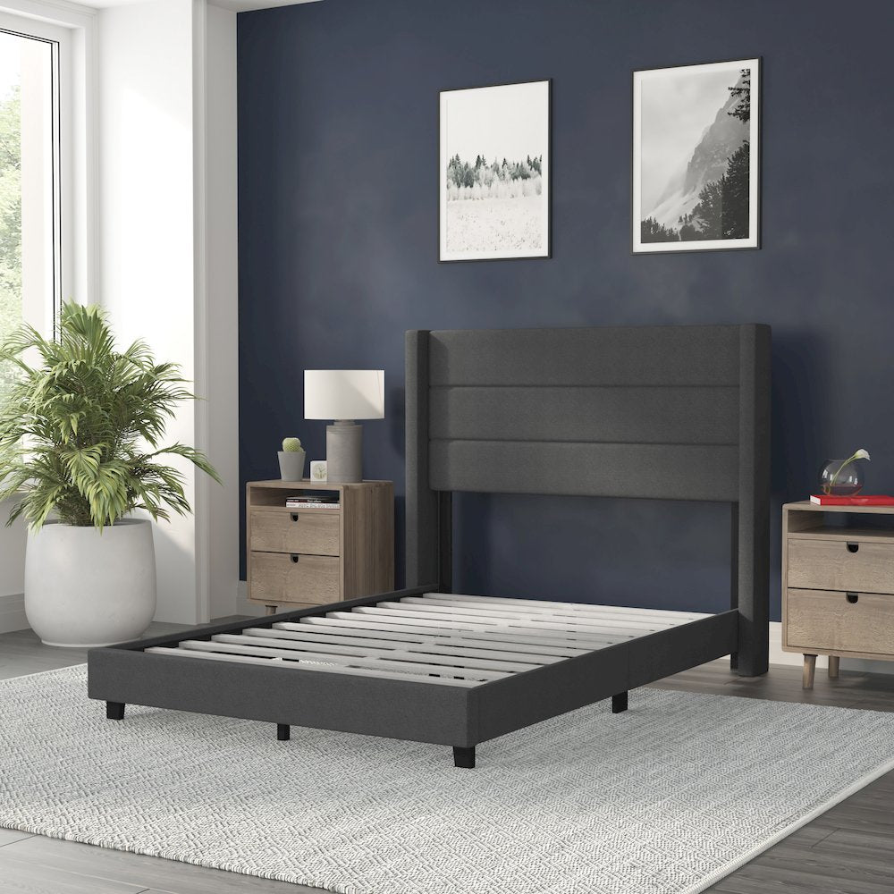 Full Upholstered Platform Bed with Wingback Headboard, Charcoal Faux Linen