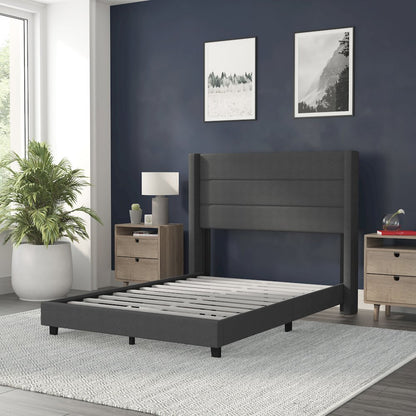Full Upholstered Platform Bed with Wingback Headboard, Charcoal Faux Linen