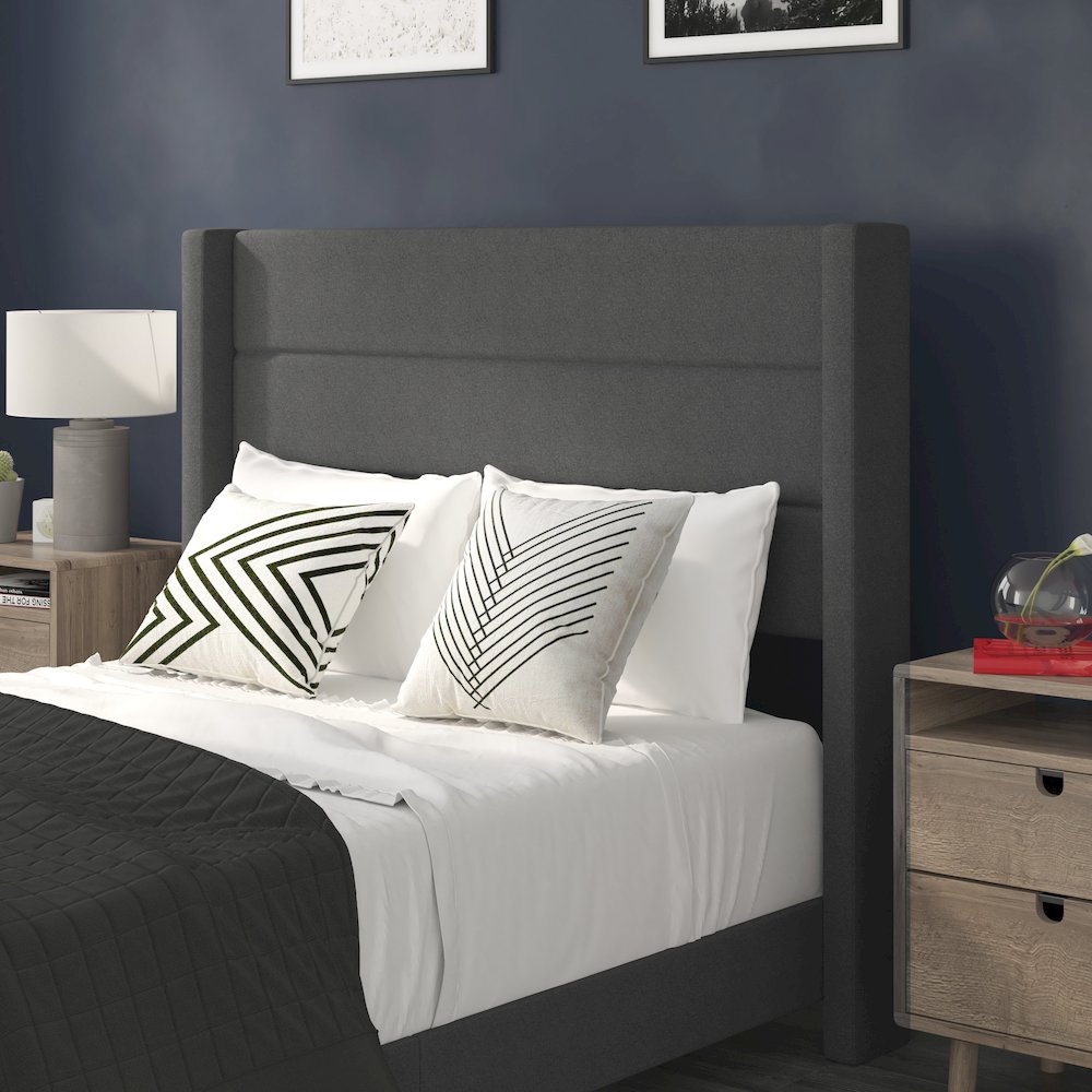 Full Upholstered Platform Bed with Wingback Headboard, Charcoal Faux Linen