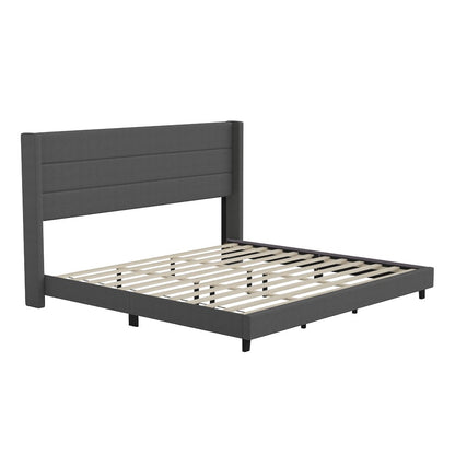 King Upholstered Platform Bed with Wingback Headboard, Charcoal Faux Linen