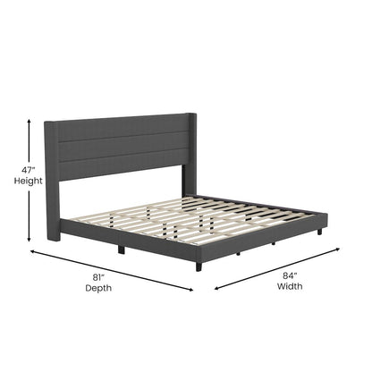 King Upholstered Platform Bed with Wingback Headboard, Charcoal Faux Linen
