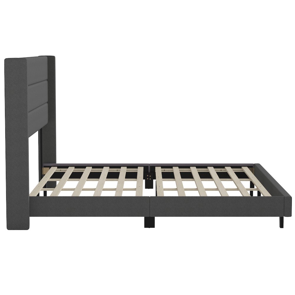 King Upholstered Platform Bed with Wingback Headboard, Charcoal Faux Linen