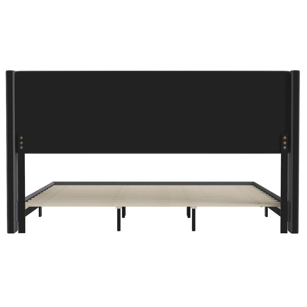 King Upholstered Platform Bed with Wingback Headboard, Charcoal Faux Linen