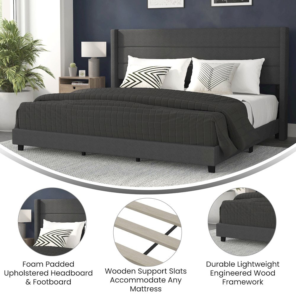 King Upholstered Platform Bed with Wingback Headboard, Charcoal Faux Linen