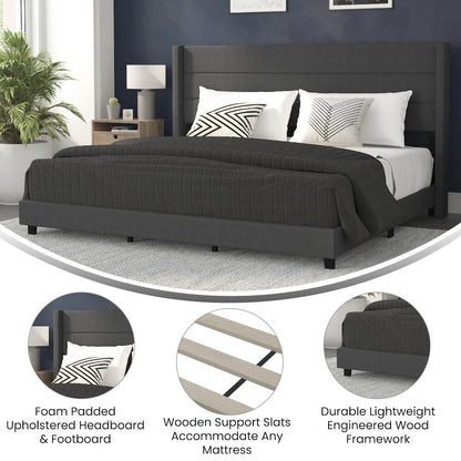 King Upholstered Platform Bed with Wingback Headboard, Charcoal Faux Linen