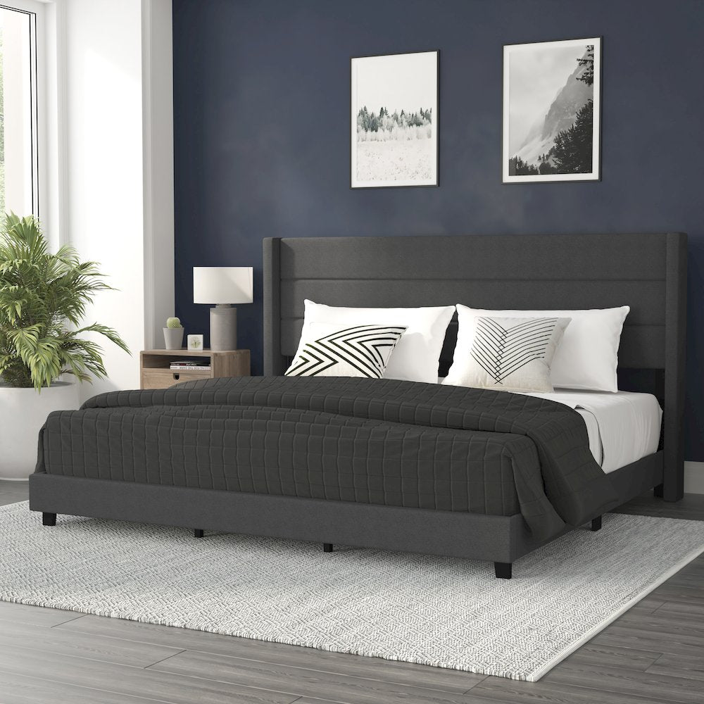 King Upholstered Platform Bed with Wingback Headboard, Charcoal Faux Linen