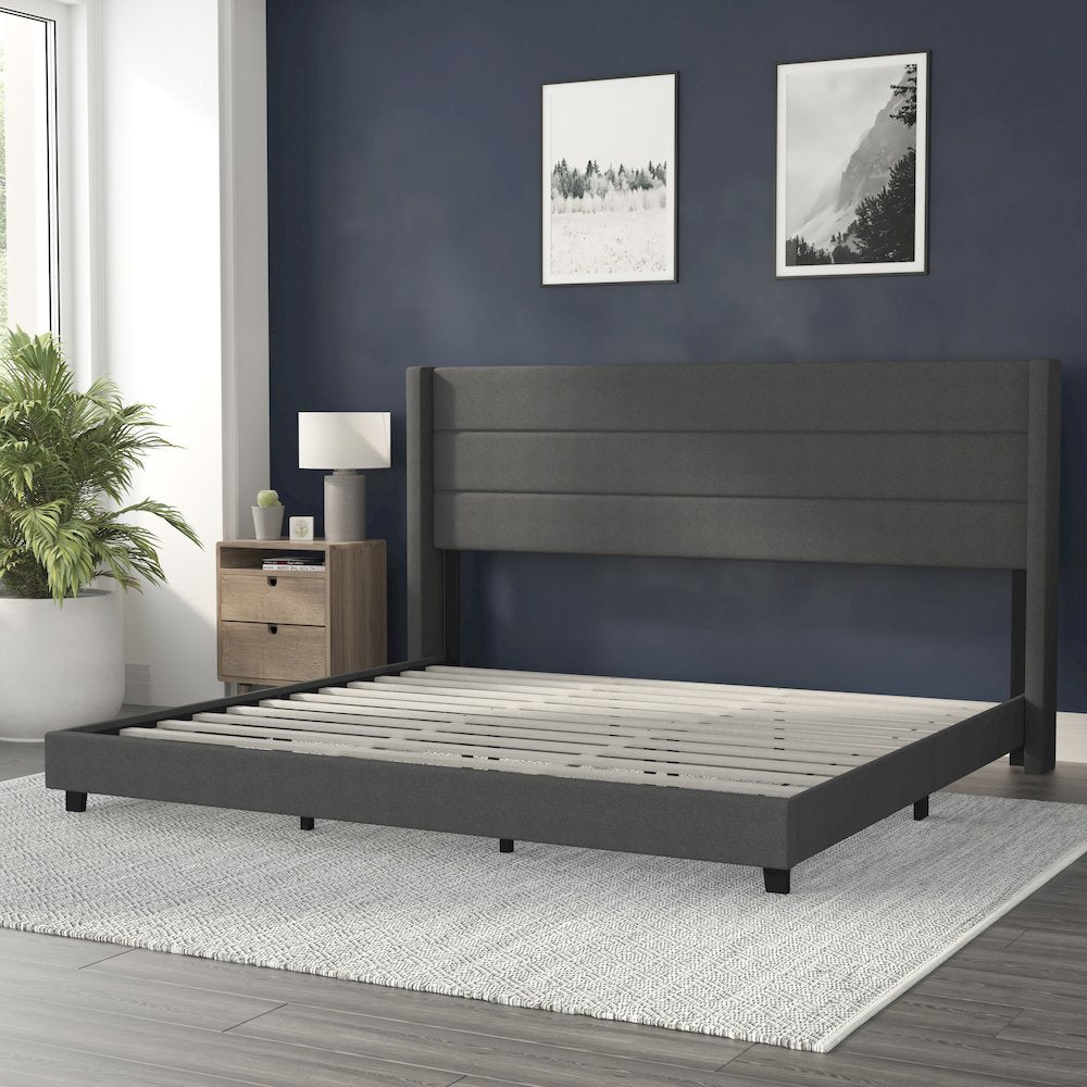 King Upholstered Platform Bed with Wingback Headboard, Charcoal Faux Linen