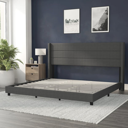 King Upholstered Platform Bed with Wingback Headboard, Charcoal Faux Linen