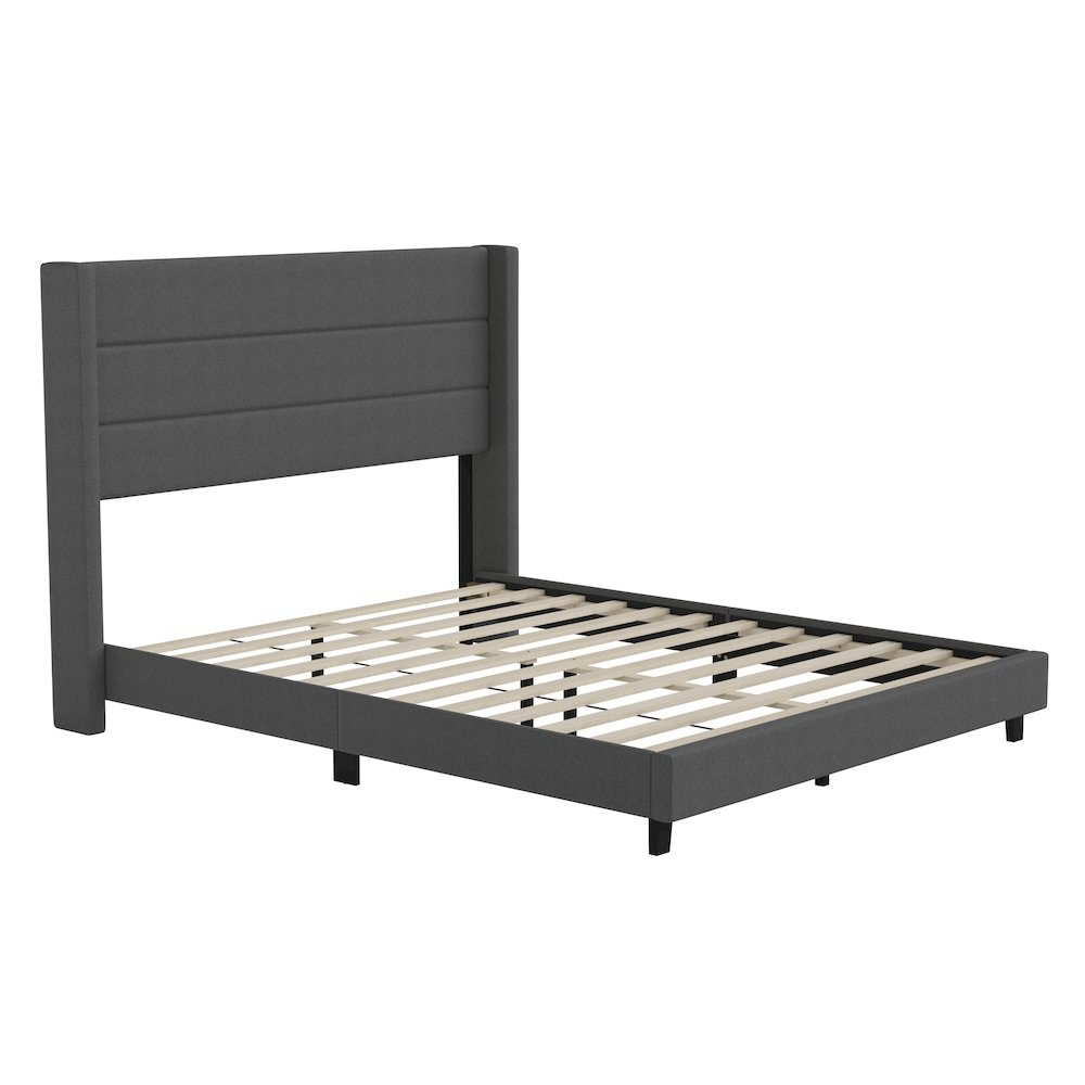 Queen Upholstered Platform Bed with Wingback Headboard, Charcoal Faux Linen