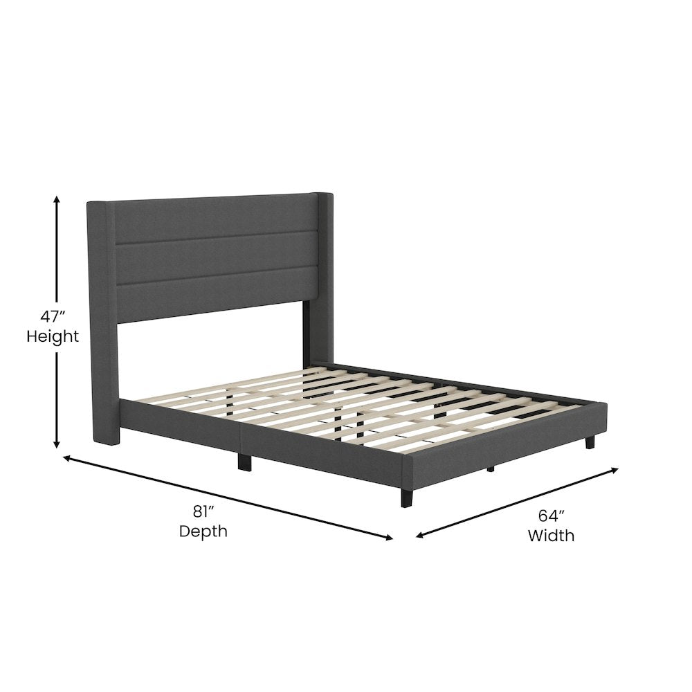 Queen Upholstered Platform Bed with Wingback Headboard, Charcoal Faux Linen