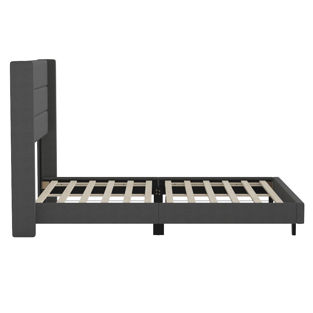Queen Upholstered Platform Bed with Wingback Headboard, Charcoal Faux Linen