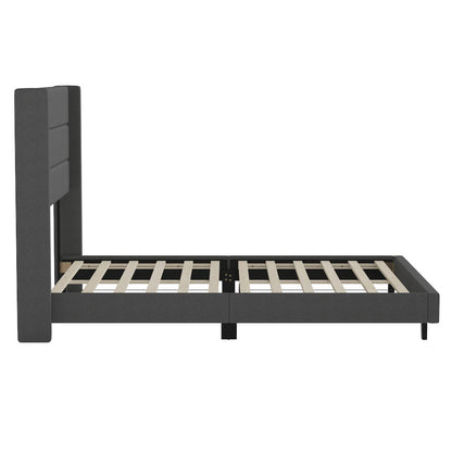 Queen Upholstered Platform Bed with Wingback Headboard, Charcoal Faux Linen