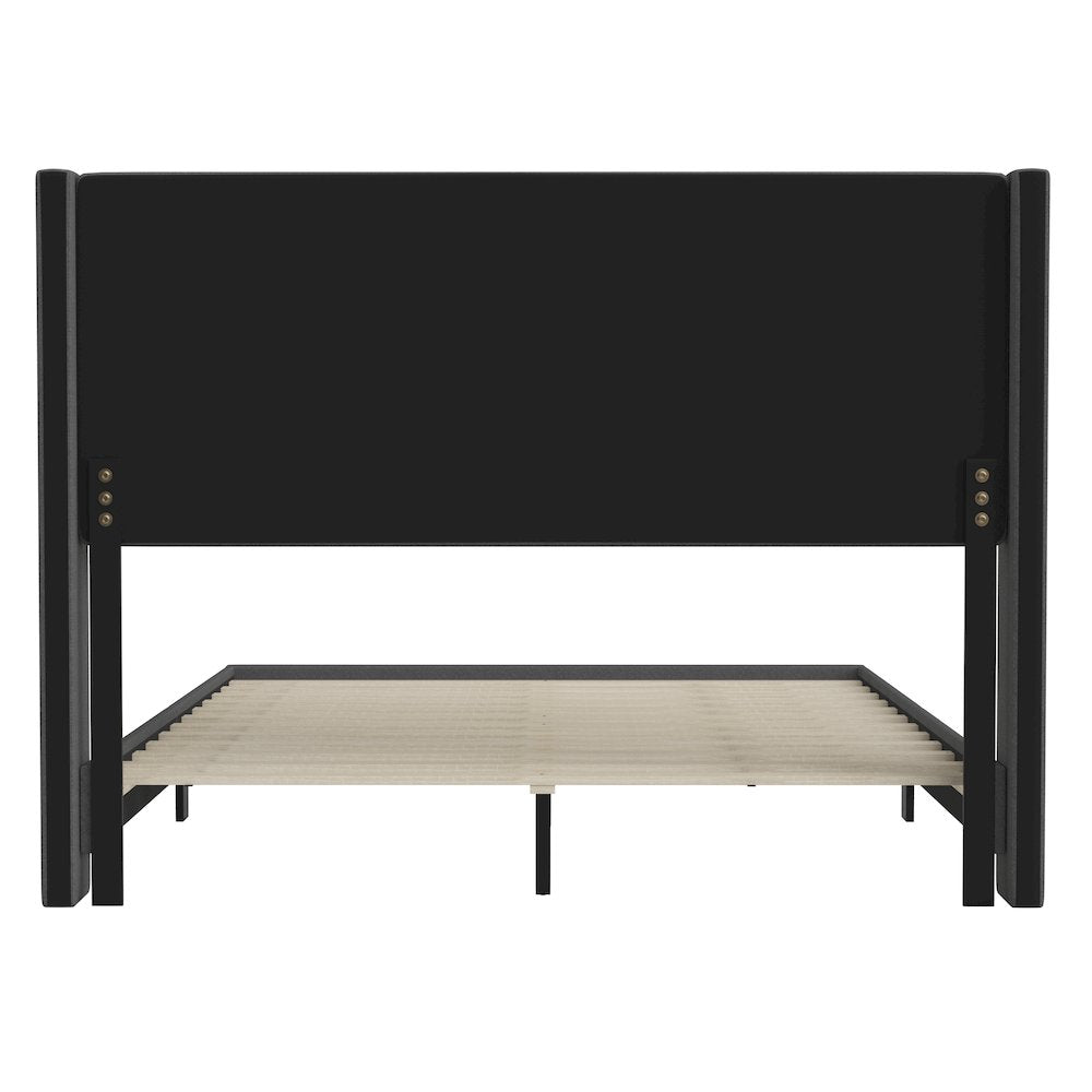 Queen Upholstered Platform Bed with Wingback Headboard, Charcoal Faux Linen