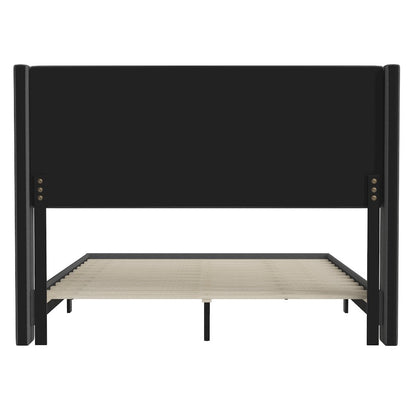 Queen Upholstered Platform Bed with Wingback Headboard, Charcoal Faux Linen