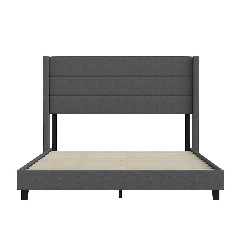 Queen Upholstered Platform Bed with Wingback Headboard, Charcoal Faux Linen