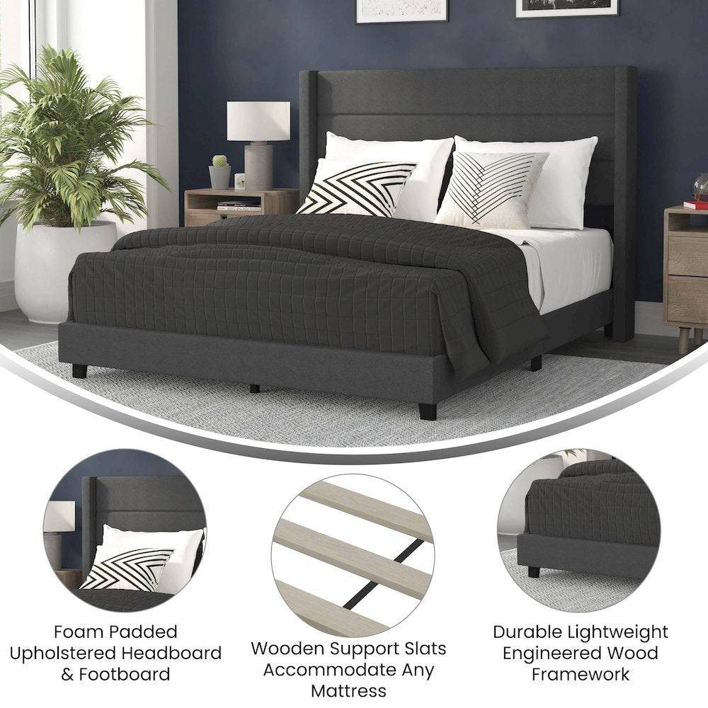 Queen Upholstered Platform Bed with Wingback Headboard, Charcoal Faux Linen