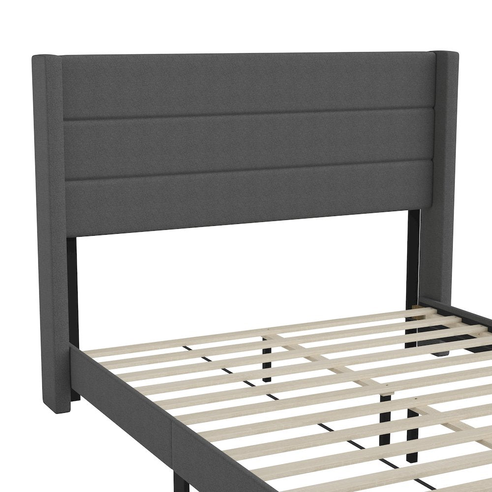 Queen Upholstered Platform Bed with Wingback Headboard, Charcoal Faux Linen