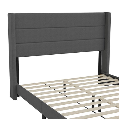 Queen Upholstered Platform Bed with Wingback Headboard, Charcoal Faux Linen