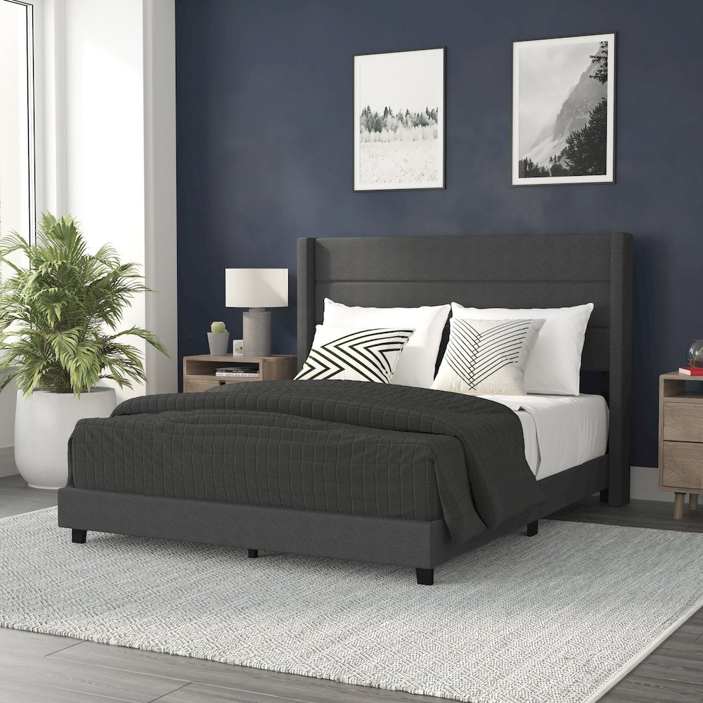 Queen Upholstered Platform Bed with Wingback Headboard, Charcoal Faux Linen