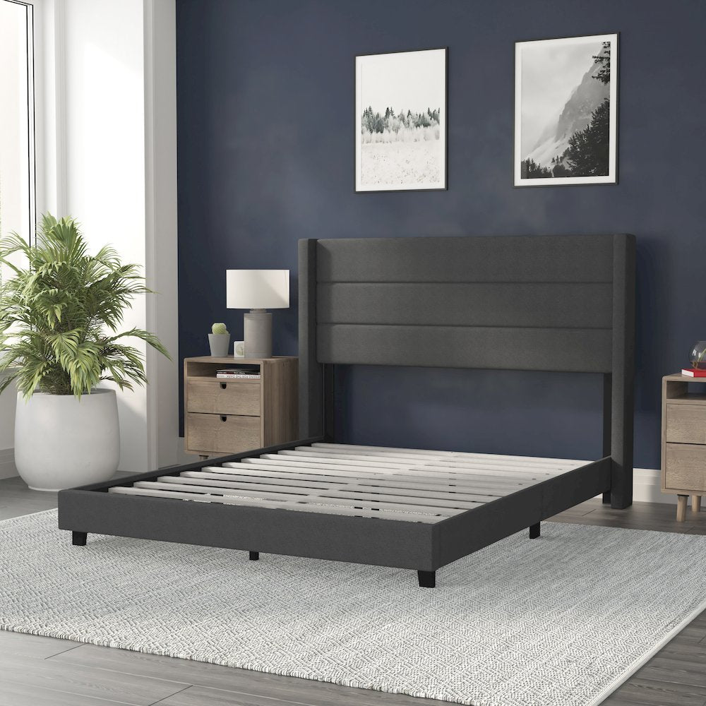 Queen Upholstered Platform Bed with Wingback Headboard, Charcoal Faux Linen