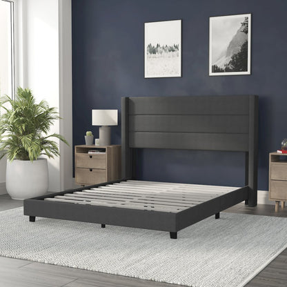 Queen Upholstered Platform Bed with Wingback Headboard, Charcoal Faux Linen