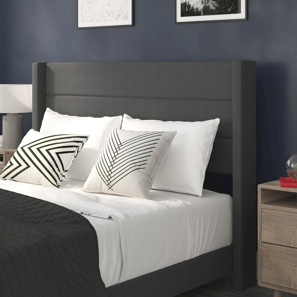 Queen Upholstered Platform Bed with Wingback Headboard, Charcoal Faux Linen
