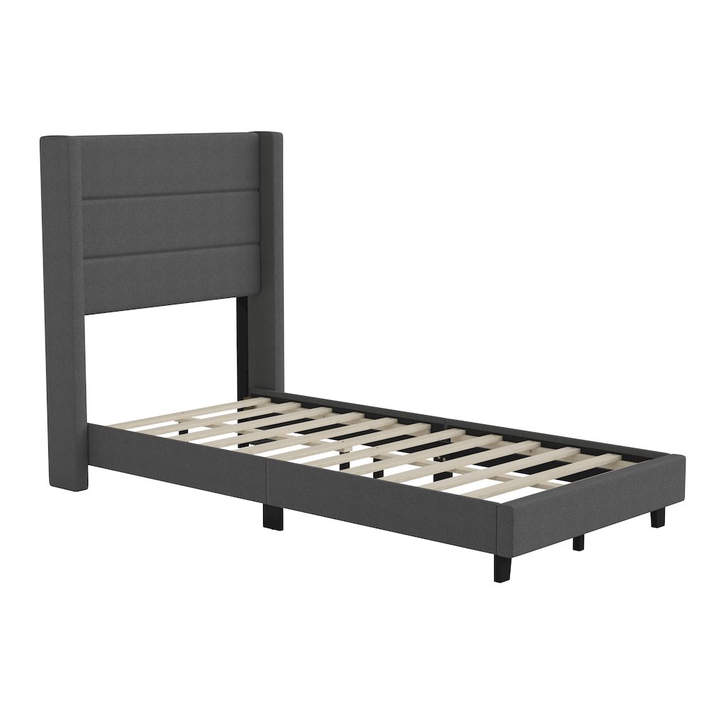 Twin Upholstered Platform Bed with Wingback Headboard, Charcoal Faux Linen