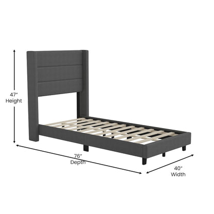 Twin Upholstered Platform Bed with Wingback Headboard, Charcoal Faux Linen