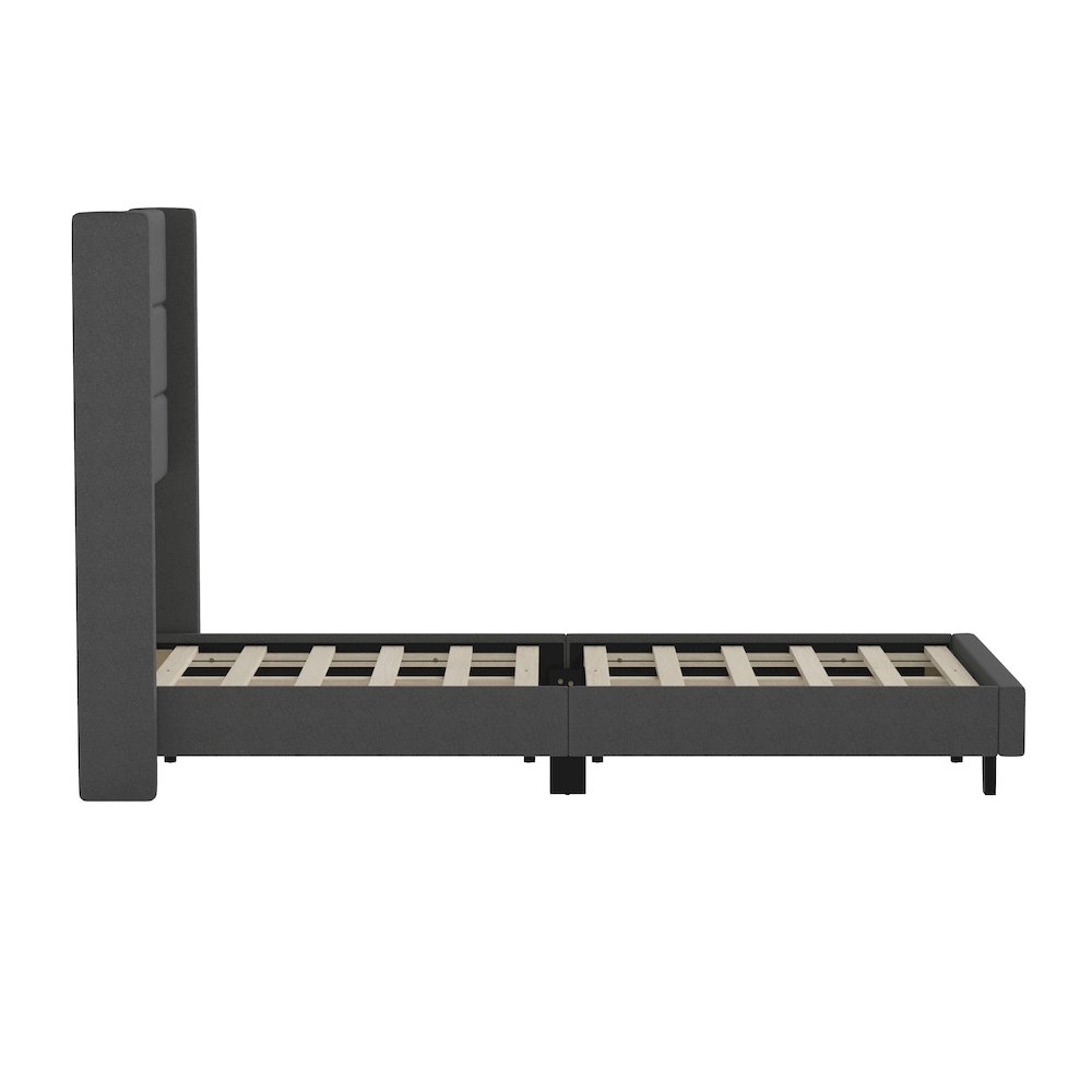 Twin Upholstered Platform Bed with Wingback Headboard, Charcoal Faux Linen