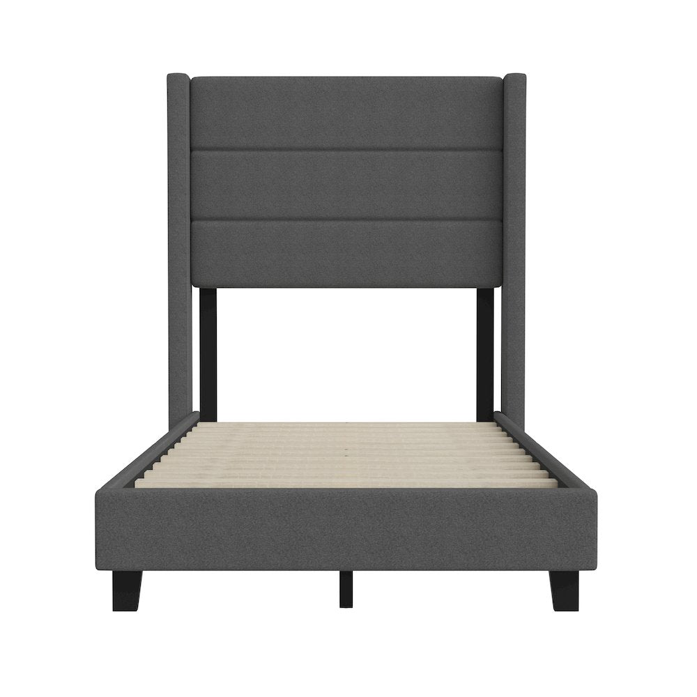 Twin Upholstered Platform Bed with Wingback Headboard, Charcoal Faux Linen