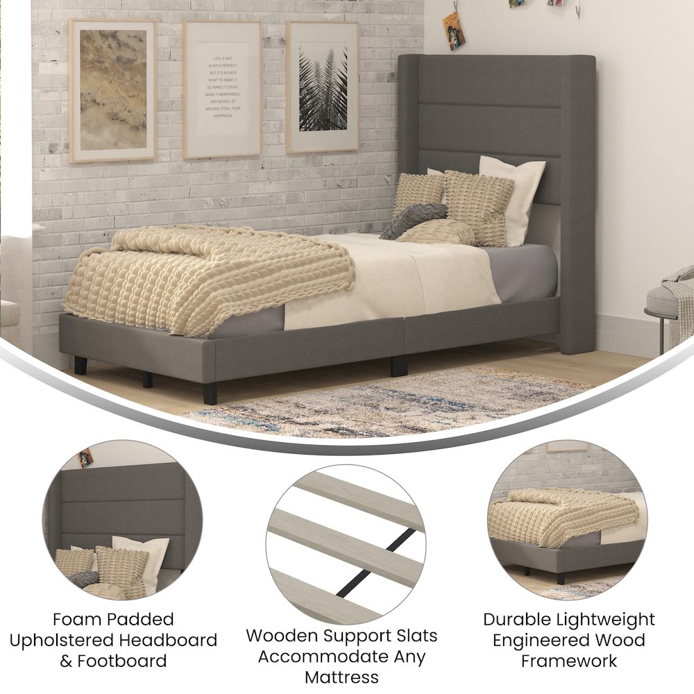 Twin Upholstered Platform Bed with Wingback Headboard, Charcoal Faux Linen