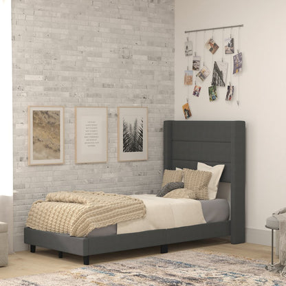 Twin Upholstered Platform Bed with Wingback Headboard, Charcoal Faux Linen