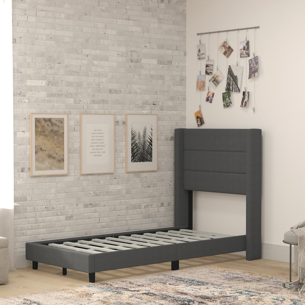 Twin Upholstered Platform Bed with Wingback Headboard, Charcoal Faux Linen