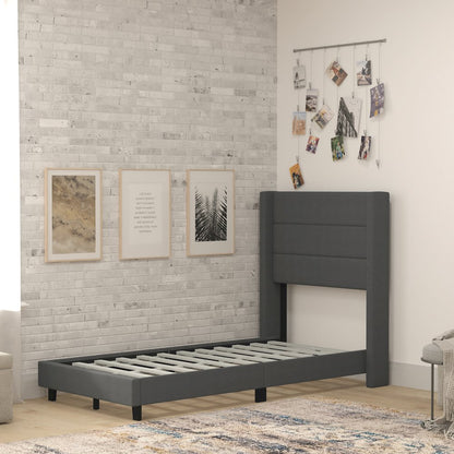 Twin Upholstered Platform Bed with Wingback Headboard, Charcoal Faux Linen