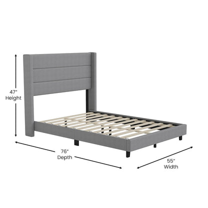 Full Upholstered Platform Bed with Wingback Headboard, Gray Faux Linen