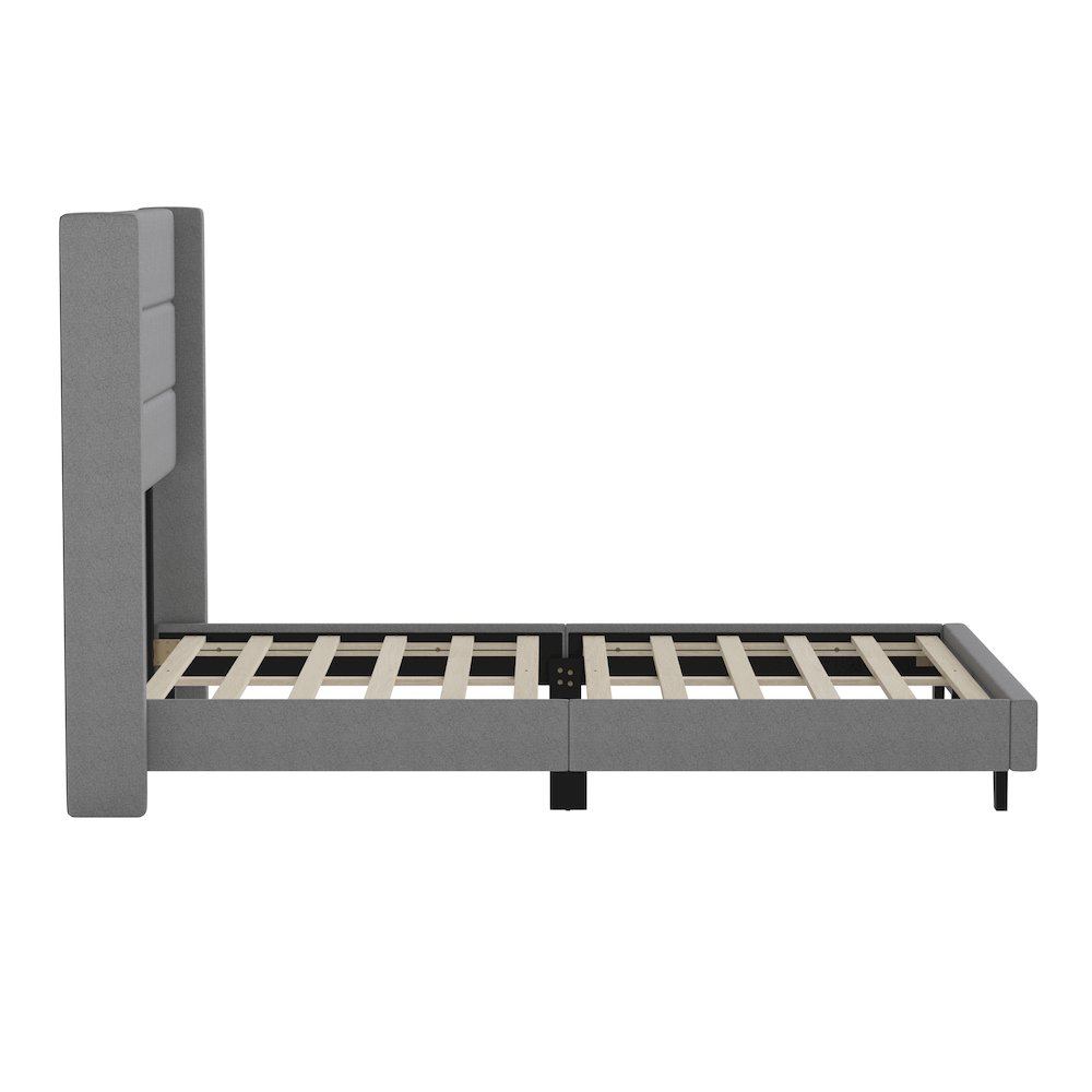 Full Upholstered Platform Bed with Wingback Headboard, Gray Faux Linen