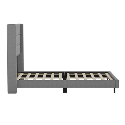 Full Upholstered Platform Bed with Wingback Headboard, Gray Faux Linen