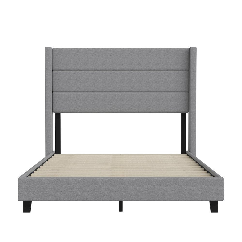 Full Upholstered Platform Bed with Wingback Headboard, Gray Faux Linen