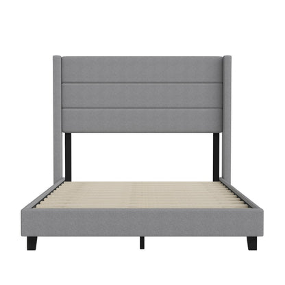 Full Upholstered Platform Bed with Wingback Headboard, Gray Faux Linen