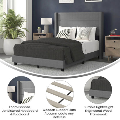 Full Upholstered Platform Bed with Wingback Headboard, Gray Faux Linen