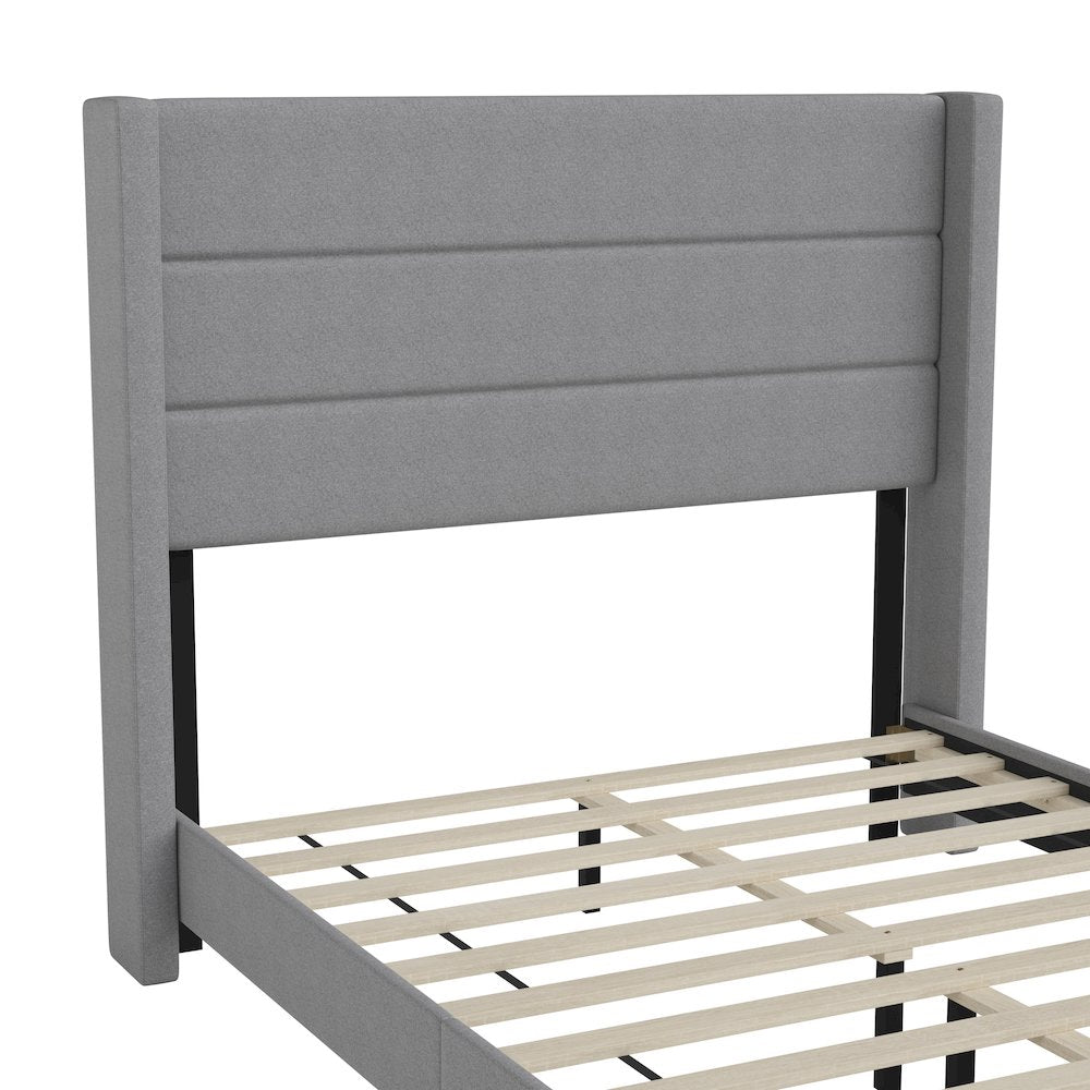 Full Upholstered Platform Bed with Wingback Headboard, Gray Faux Linen