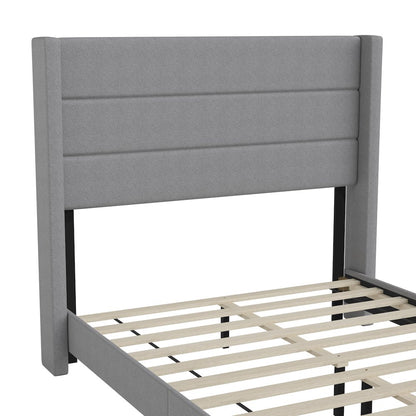 Full Upholstered Platform Bed with Wingback Headboard, Gray Faux Linen