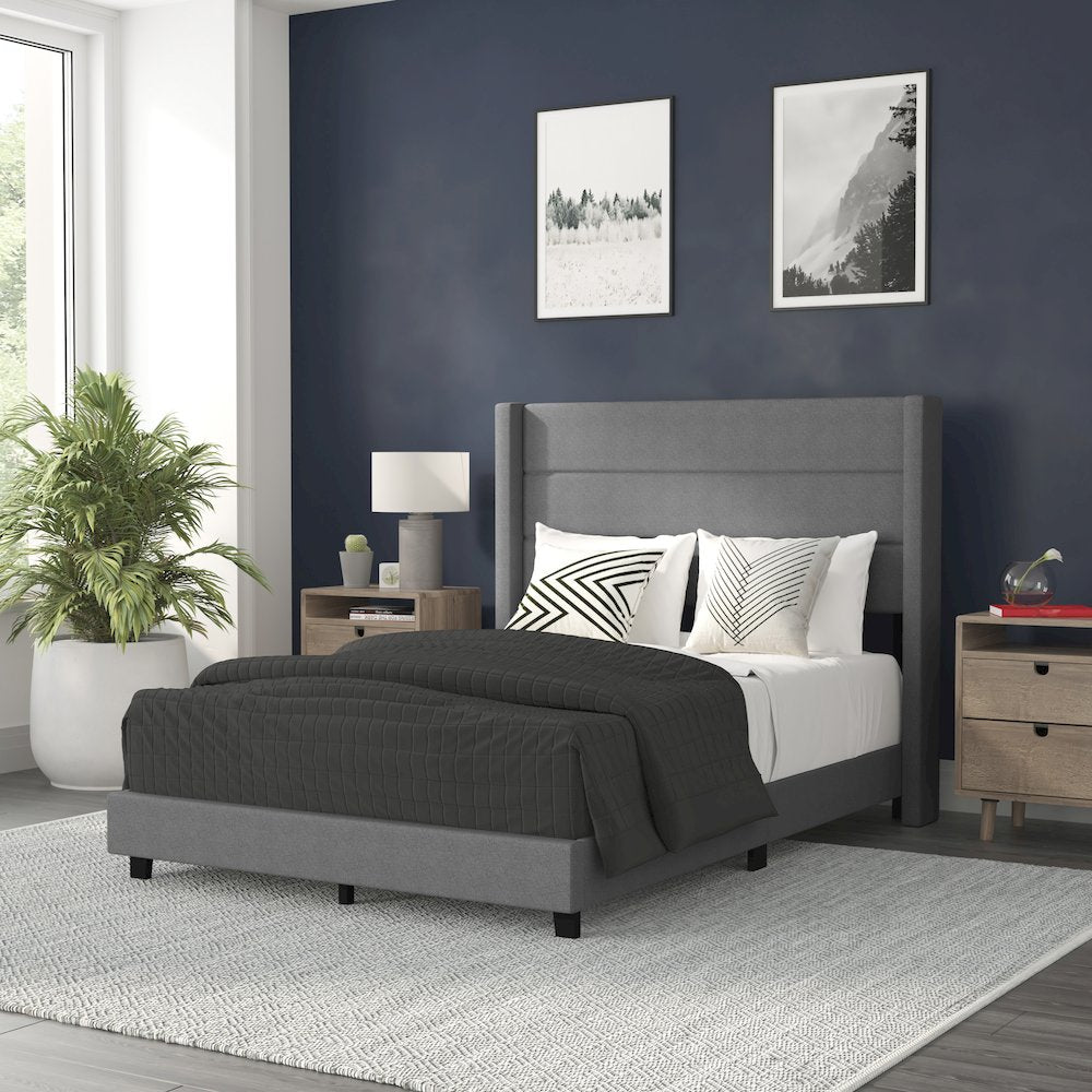 Full Upholstered Platform Bed with Wingback Headboard, Gray Faux Linen