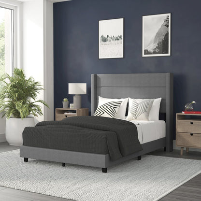 Full Upholstered Platform Bed with Wingback Headboard, Gray Faux Linen