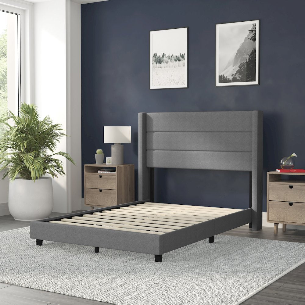 Full Upholstered Platform Bed with Wingback Headboard, Gray Faux Linen