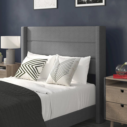 Full Upholstered Platform Bed with Wingback Headboard, Gray Faux Linen