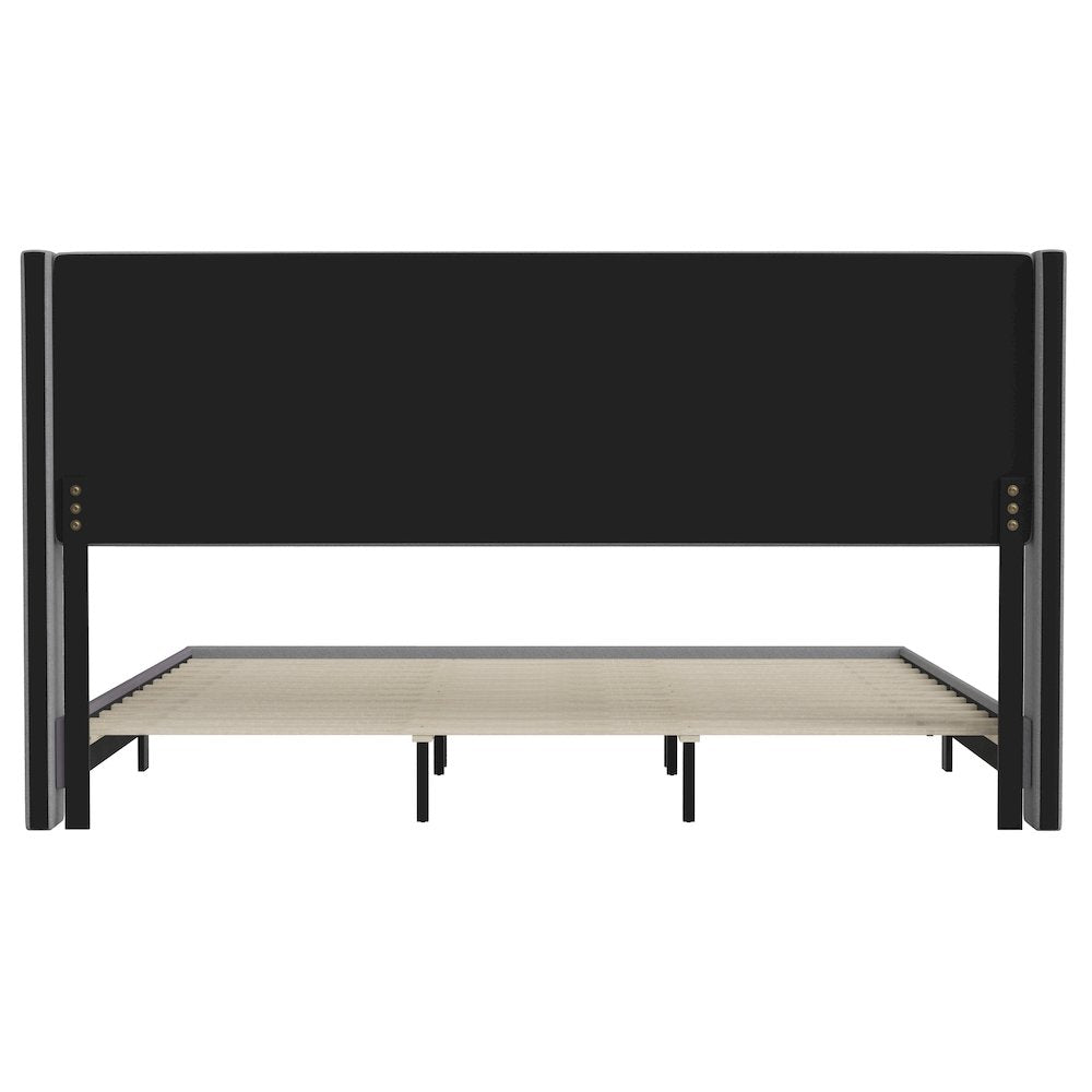King Upholstered Platform Bed with Wingback Headboard, Gray Faux Linen