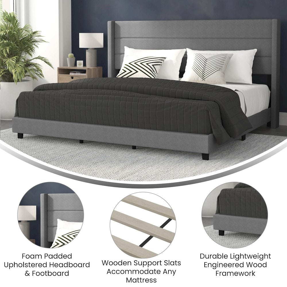 King Upholstered Platform Bed with Wingback Headboard, Gray Faux Linen