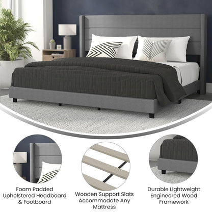King Upholstered Platform Bed with Wingback Headboard, Gray Faux Linen